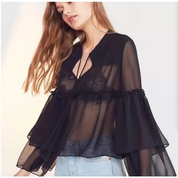 Ecote Sheer Boho Bell Sleeve Turquoise Blouse Sz S - Picture 2 of 5